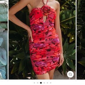 Red and Pink Ruched Tie Front Bodycon Mini Dress. Party dress.